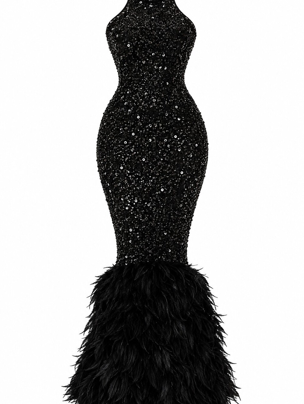 Fashion Nova Black Sequin Feathered Mermaid Gown
